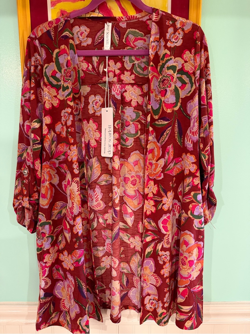 NWT Dear Scarlett Red Floral Open Cardigan, NWT, $25